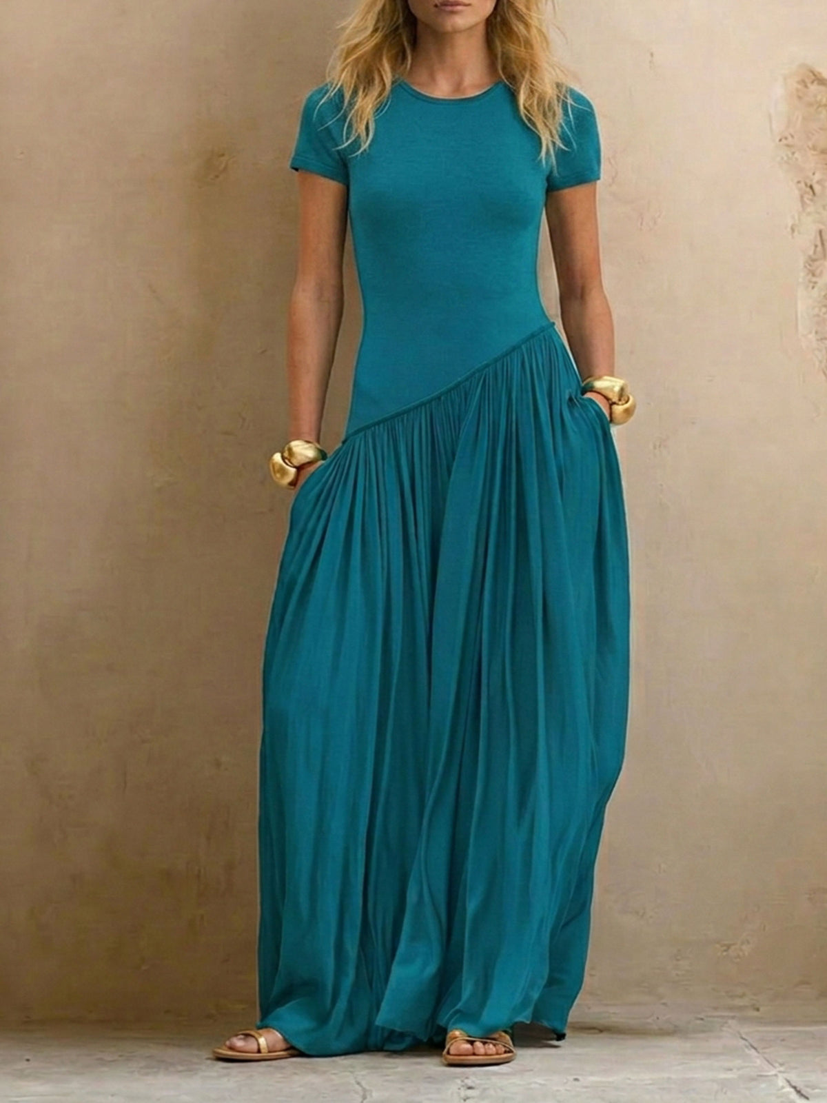 Women’s Elegant High-elasticity Round-neck Short-sleeve Pleated Patchwork Causal Pocket Maxi Dress