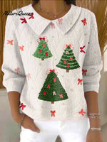 Women'sChristmas TreePrint Casual Peter Pan Collar 3/4 Sleeve Sweater