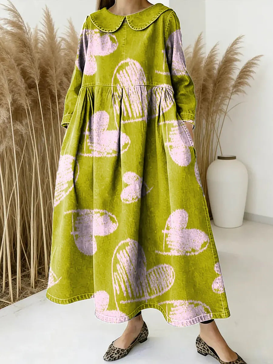 Women Love Pattern Art Print Casual Denim Dress