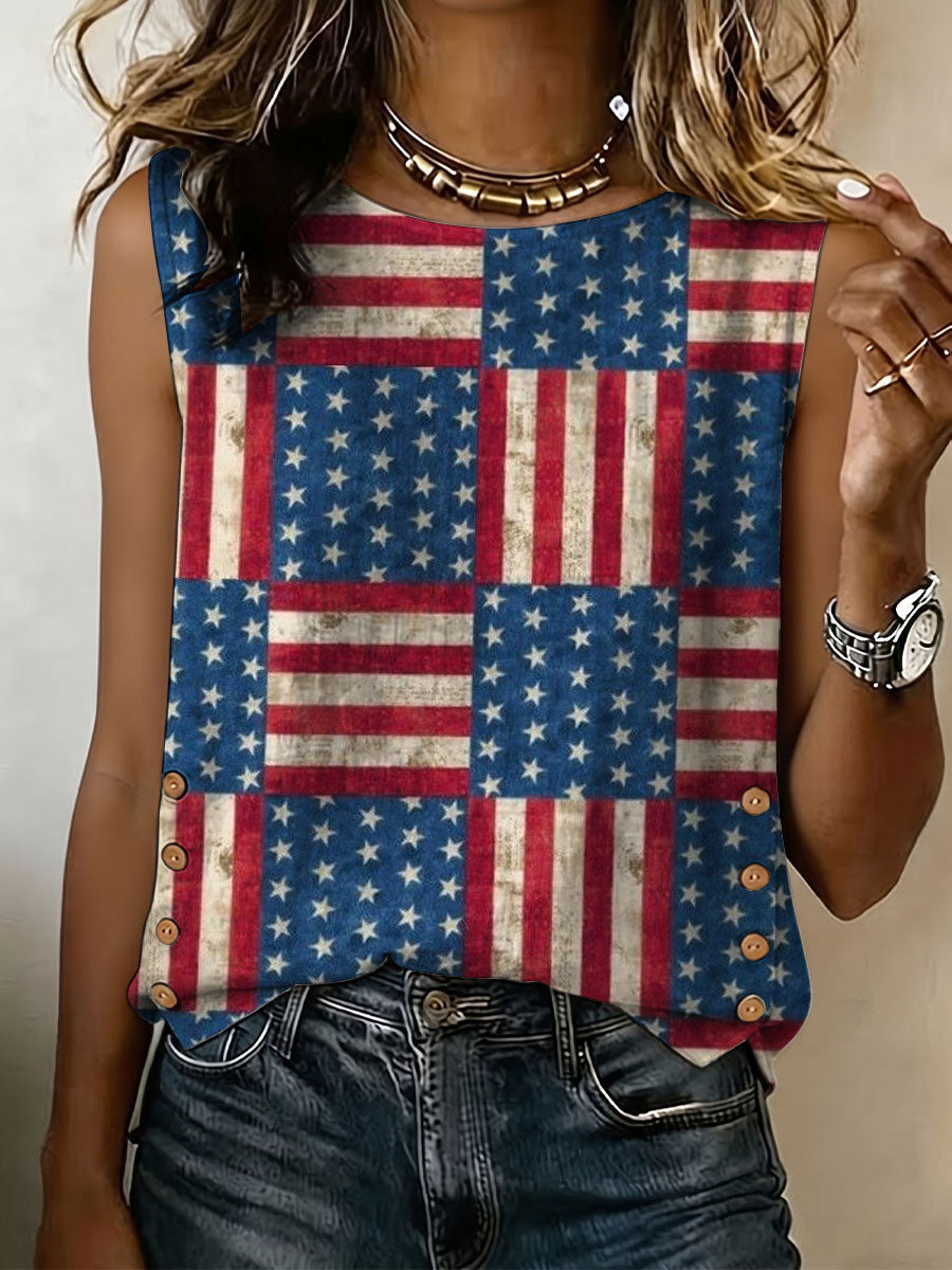 American Independence Day Stars And Stripes Decorative Pattern Women's No Sleeve Cotton Shirt
