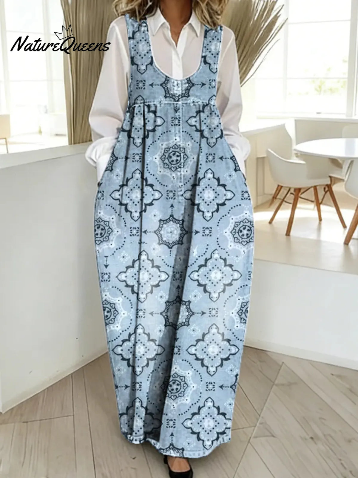 Women's Vintage Geometry Pattern Art Print Casual Cotton Denim Dress