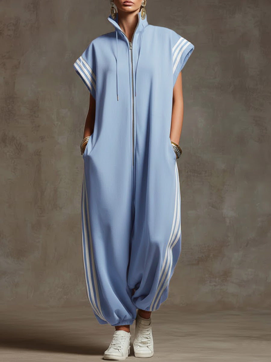 Women's Relaxed Stand-collar Short-sleeved Casual Loose Cotton Wide-leg Jumpsuit