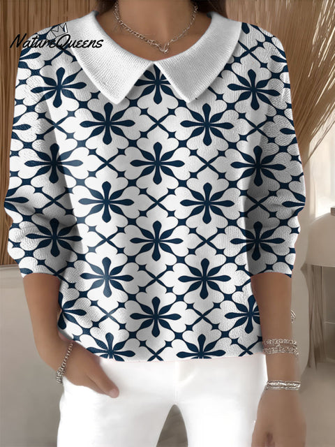 Geometric line diamond tile decorative pattern Casual Peter Pan Collar  Sweater