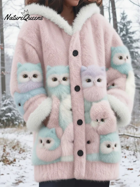 Winter Forest Smart Owl Mink Fleece Button Coat