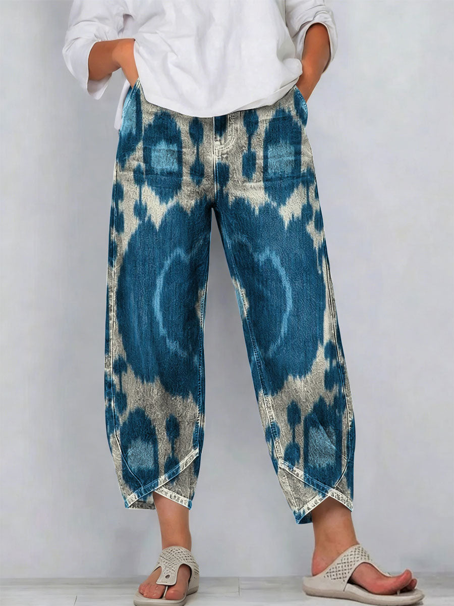 Women's Vintage Nationality Pattern Art Prints Casual Denim Cotton Pants