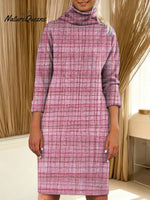 Women's Plaid Pattern Art Print Casual Turtleneck Cotton Knitted Sweater Dress