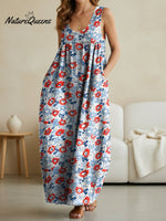 Women's Flower Art Print Casual Loose Denim Vest Dress