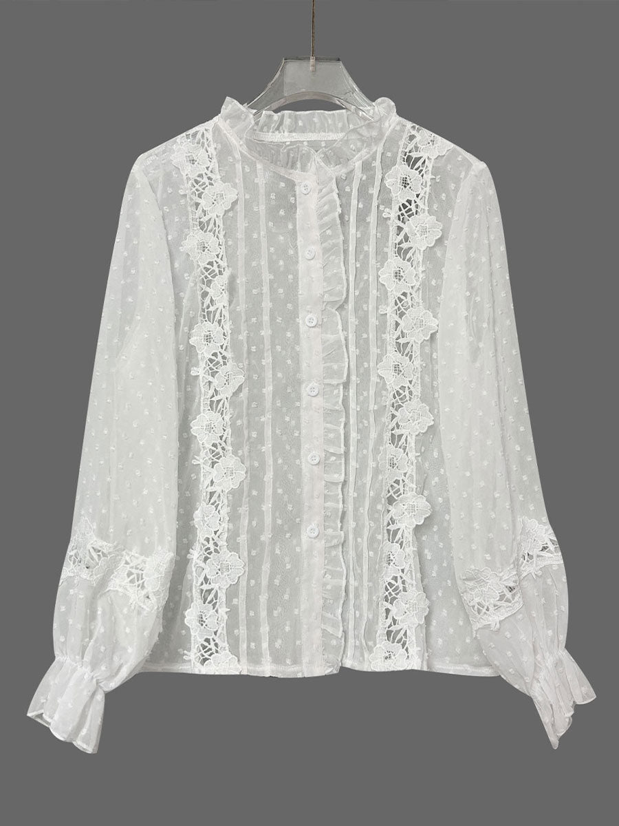 Women's Solid Color Crochet Openwork Long-sleeved Shirt
