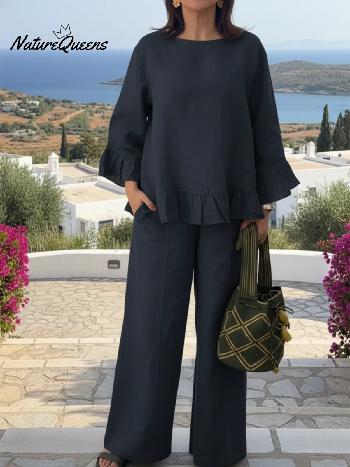 Elegant Ruffled Linen Top And Trousers Two-piece Set