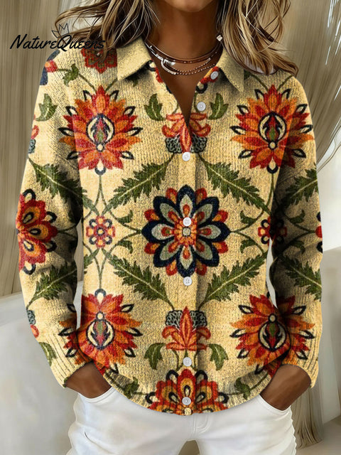 Women's Retro Floral Pattern Art Print Cowl Neck Sweater