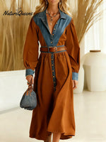 Women's Denim Solid Color Patchwork Shirt Collar Long Sleeve Casual Loose Shirt Dress