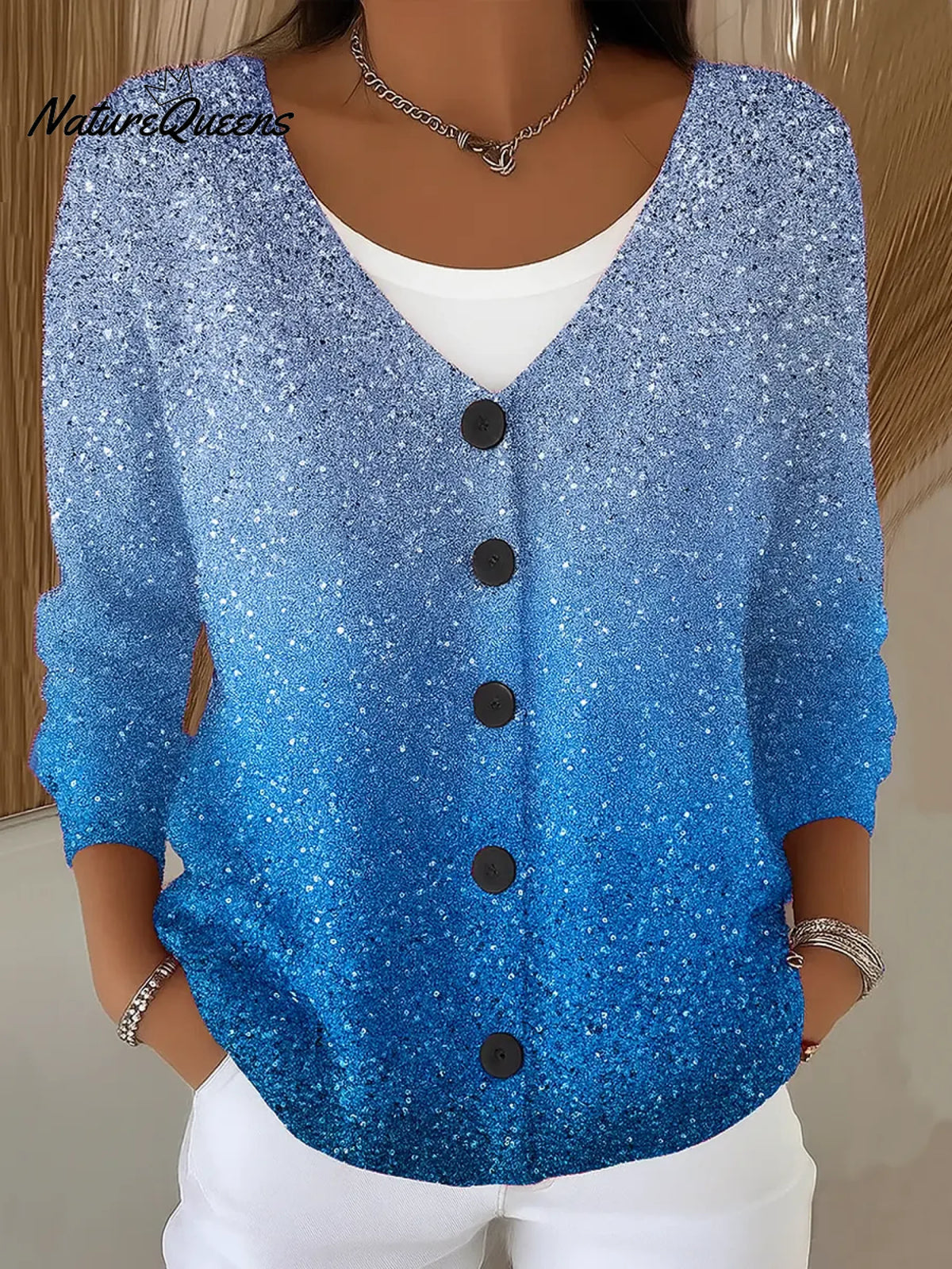 Women's Gradient Print V-Neck Long Sleeve Casual Loose Sequined Top