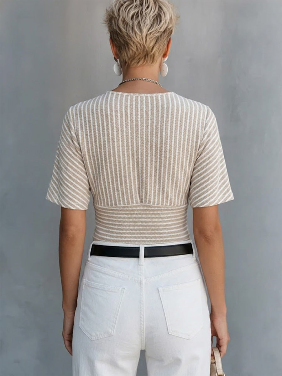 Slimming V-neck Striped Top With Batwing Sleeves And A Fitted Waist