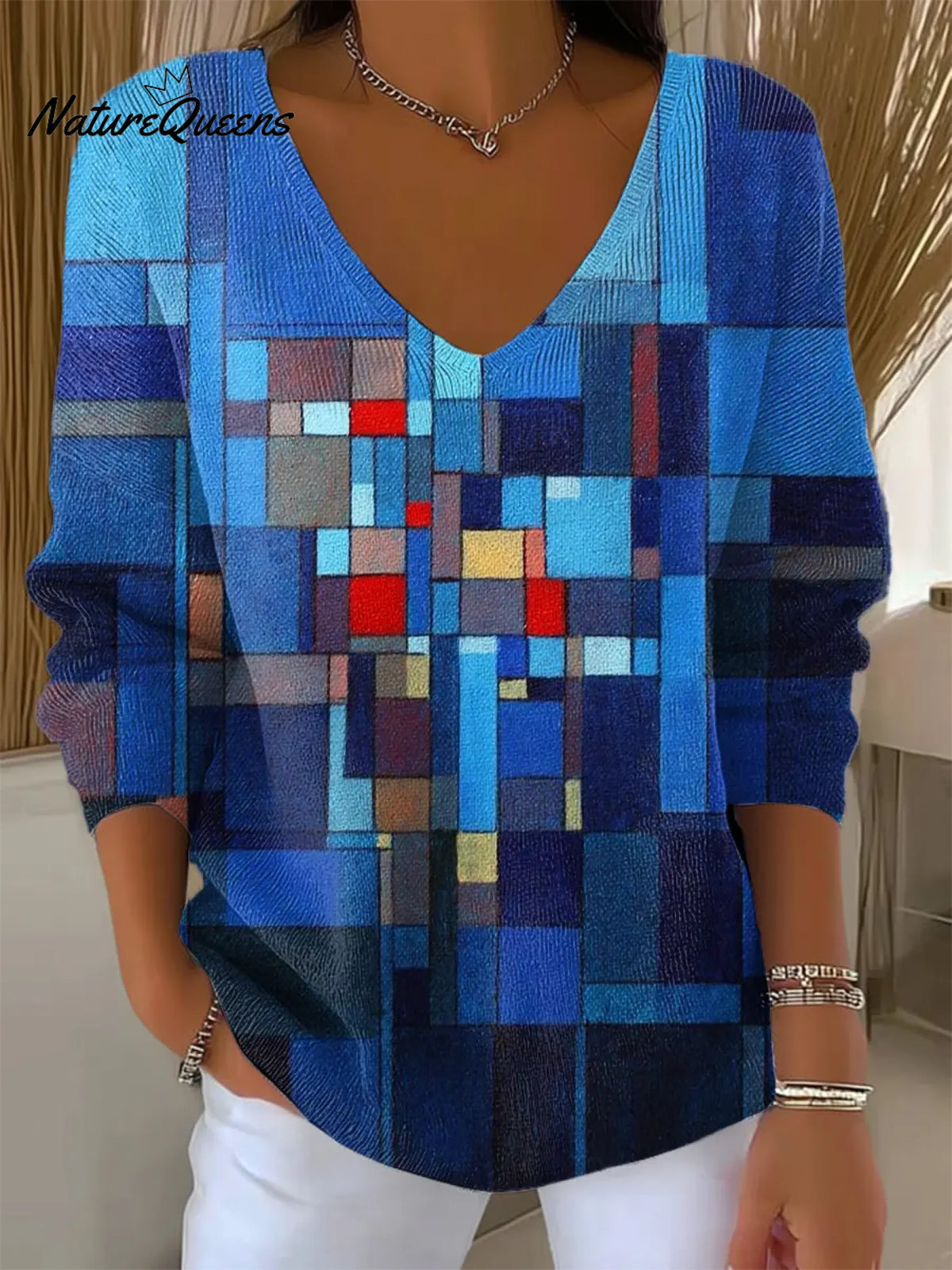 Women's Vintage Abstract Geometric Art Print Casual Pullover Sweater