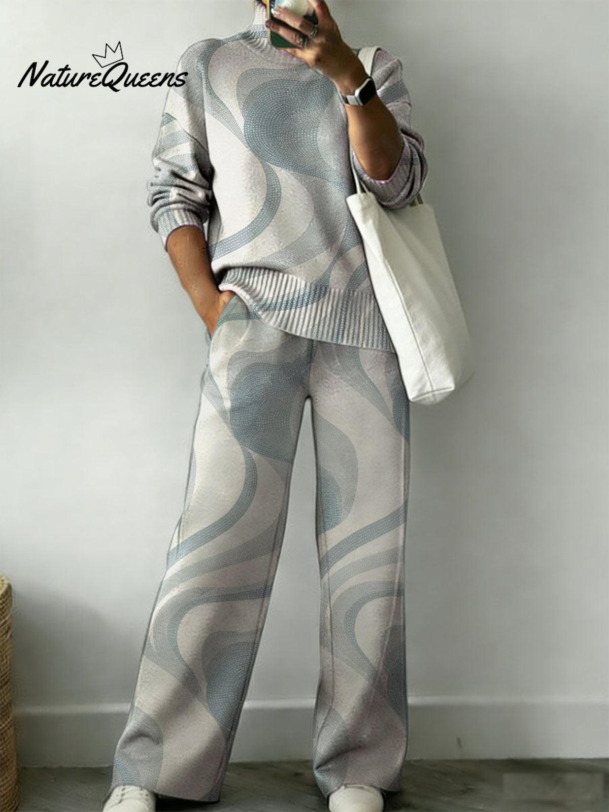 Simple Wave Decorative Pattern Casual Stand Collar Long Sleeve Top And Elastic Waistband Pants