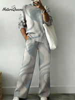 Simple Wave Decorative Pattern Casual Stand Collar Long Sleeve Top And Elastic Waistband Pants