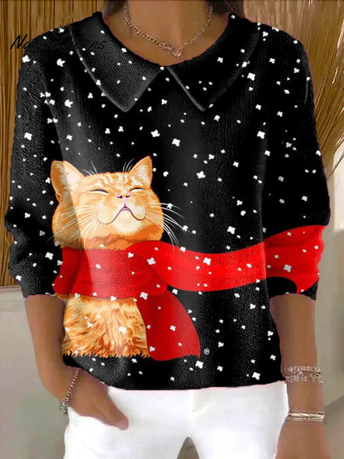 Women's Christmas Cat Print Casual Peter Pan Collar 3/4 Sleeve Sweater