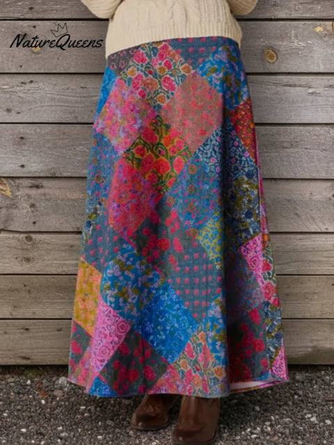 Bohemian Floral Print Patchwork Midi Skirt