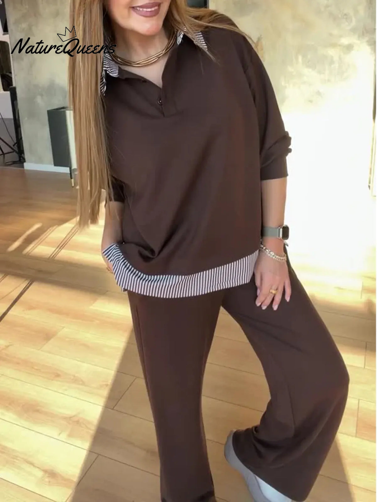 Women's Casual Striped Patchwork Cotton Sweatshirt And Pants Two-piece Set