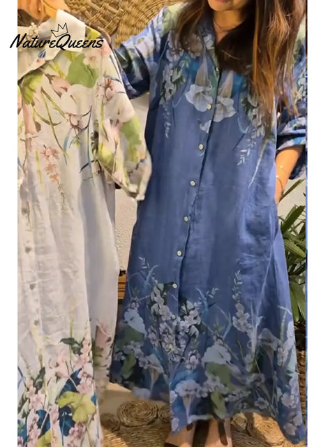 Women's Loose Casual Floral Print Cotton Linen Shirt Dress