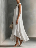 Women's Cotton-linen Deep V-neck And Asymmetrical Hem Elegant Slimming Sleeveless Dress