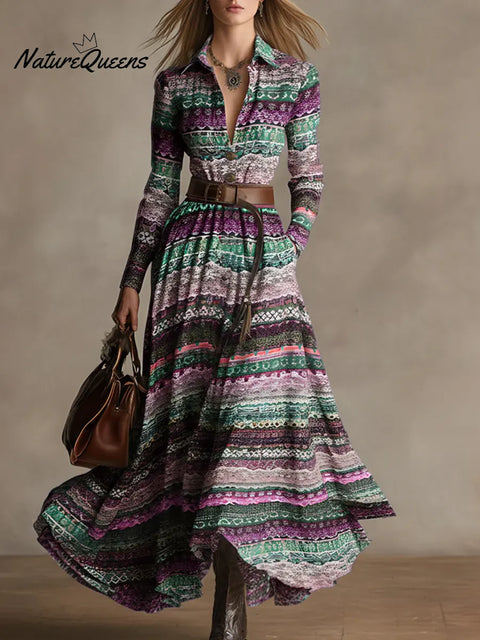 Women's Ethnic Print V-neck Long-sleeved Casual Loose Cotton Linen Dress