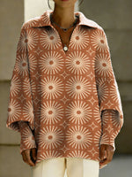 Geometric Lines Circular Decorative Patterns Women's Casual V Collar Long Sleeve Sweater