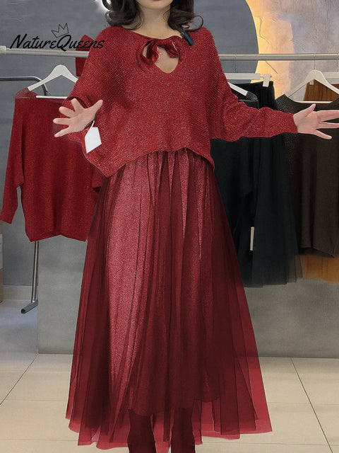 Women's Solid Color V-Neck Tie-Waist Sequined Long-Sleeve Casual Knit Top Set with Elastic Waist A-Line Mesh Skirt