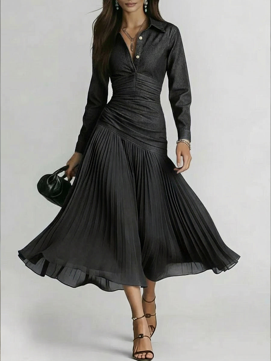 Elegant Patchwork Pleated Chiffon Denim Dress