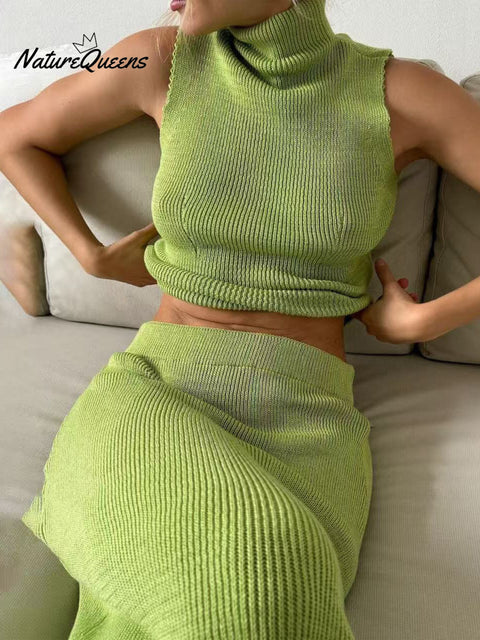 Women's Casual Elegant Knitted Turtleneck Vest And Skirt Set