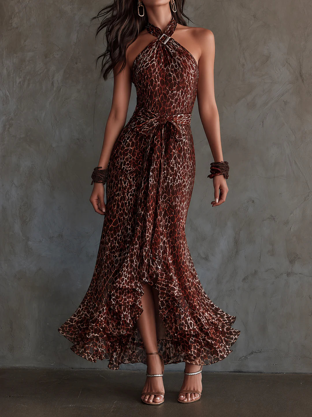 Stylish Leopard Print Halter Chiffon Dress