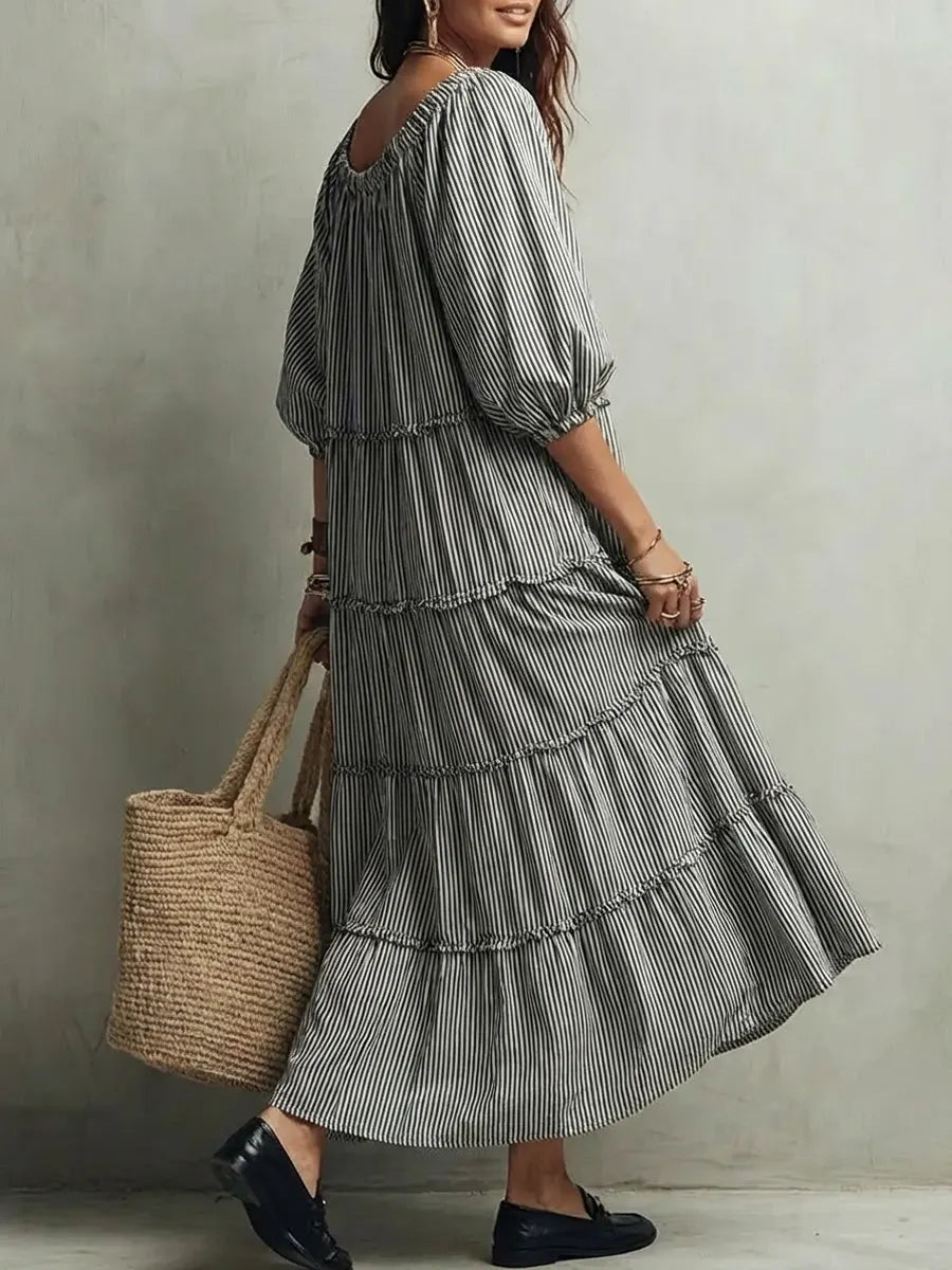 Women's Retro Striped Ruffled Art Casual Fashion Cozy Cotton Linen Dress