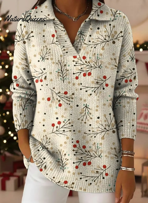 Christmas Elements Print Lapel Casual Knit Sweater