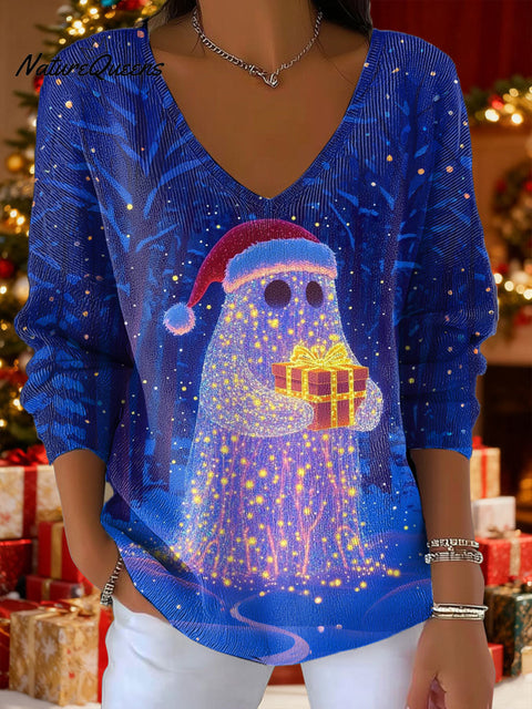 Women's Neon Lights Christmas Gifts Ghost Lights Pattern Art Print V-neck Solid Color Loose Shiny Sweater