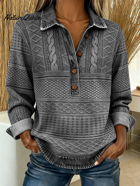 Women's Denim Print Shirt Collar Casual Loose Knit Top