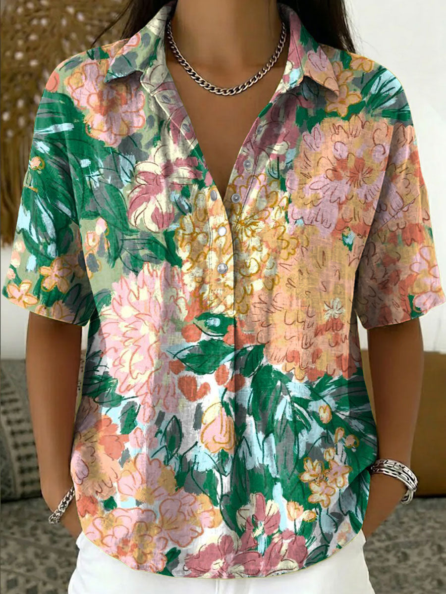 Women's Vintage Botanical Floral Casual Polo Collar Short-sleeved Linen And Cotton Shirt