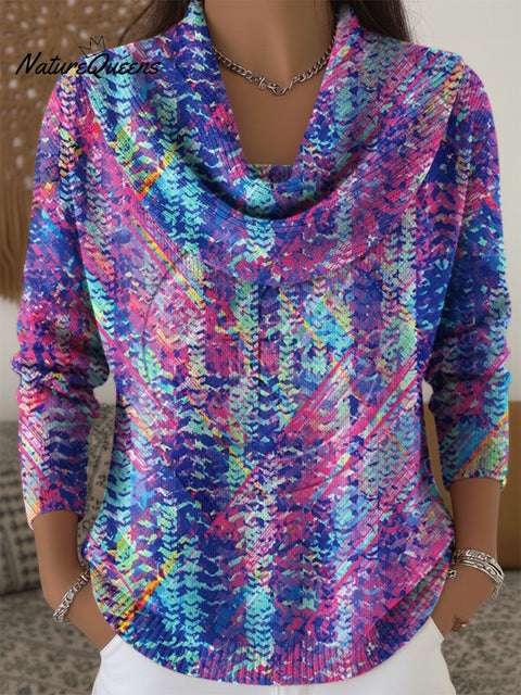Women's Color Gradient Pattern Art  Print Cowl Neck Sweater