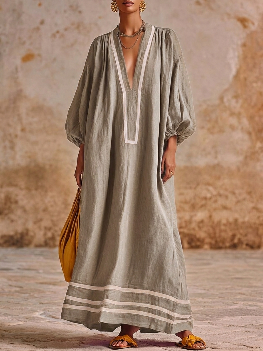 Artistic Line Color Block Loose Lantern Sleeve Maxi Dress