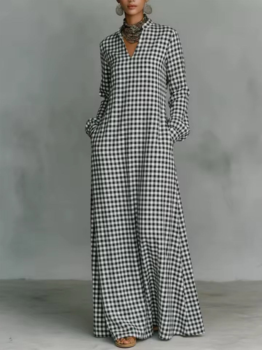Women's Plaid Print V-neck Long-sleeved Casual Loose Cotton And Linen Dress