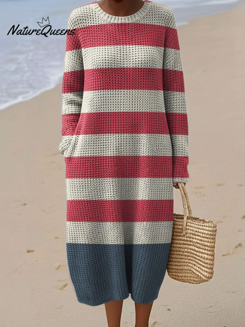 Horizontal Stripe Decorative Pattern Women's Round Collar Long Sleeve Dress