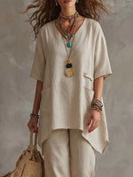 Casual Linen And Cotton Two-piece Top And Pants Set
