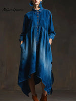 Women's Solid Color Shirt Collar Long-sleeved Casual Loose Cotton Dress