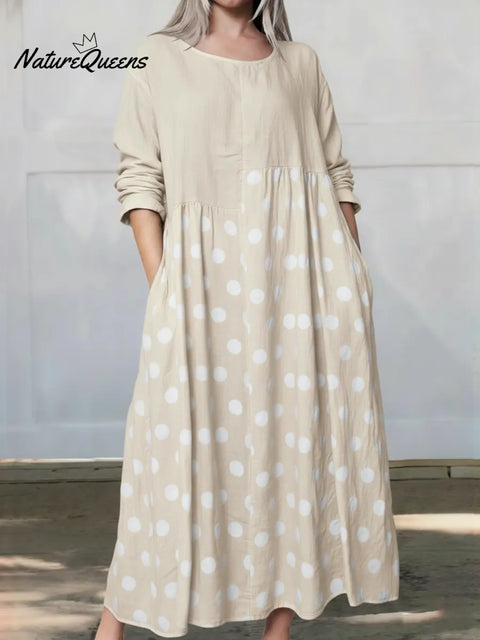 Women's Loose-fitting Polka Dot Patchwork Long-sleeved Linen Cotton Dress