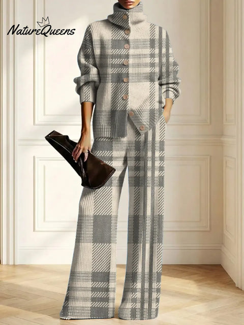 Women's Plaid Pattern Art Print Casual Cotton Knitted Suits