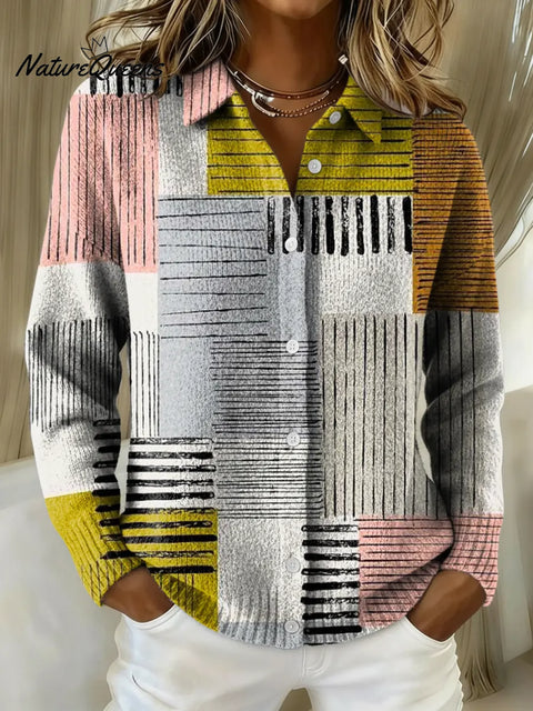 Women's Retro Geometric Stripes Printed Collared Sweater