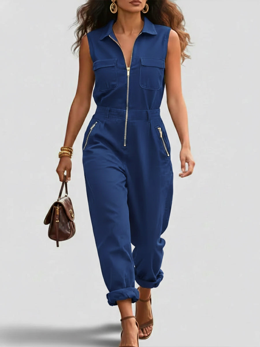Fashionable And Casual Zippered Sleeveless Cotton Jumpsuit