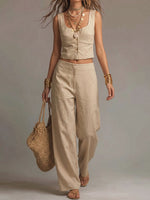 Women's square-neck sleeveless cropped cotton-linen top and trousers set
