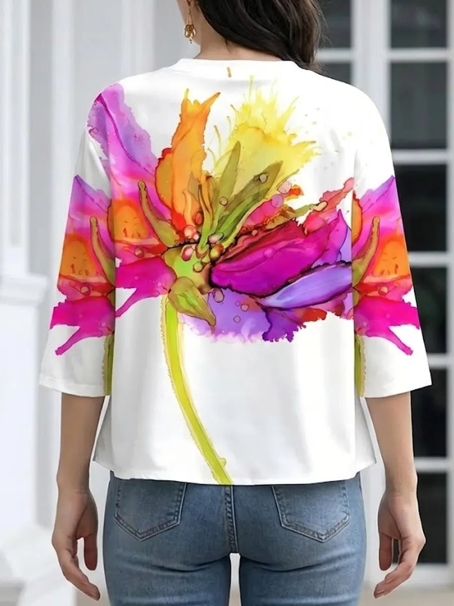Women's Casual Watercolor Floral Print Top