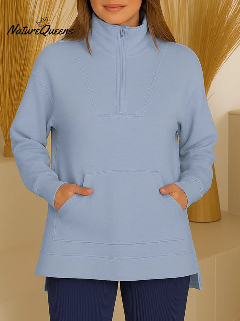 Women's Solid Color High-Neck Long-Sleeve Casual Loose Pocket Top