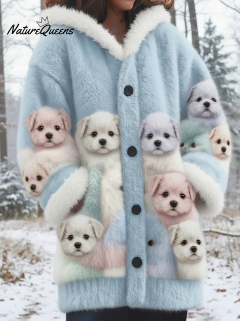Winter Forest Cute Puppy Mink Fleece Button Coat